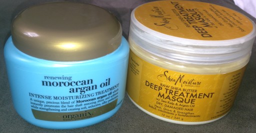 Left: Organix Renewing Moroccan Argan Oil Intense Moisturizing Treatment Right: Shea Moisture Deep Treatment Masque 